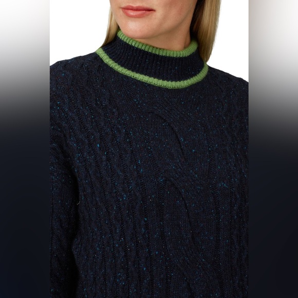 VEDA Paro Wool Navy Cable Knit Sweater,  Green Accents XS - Picture 8 of 9